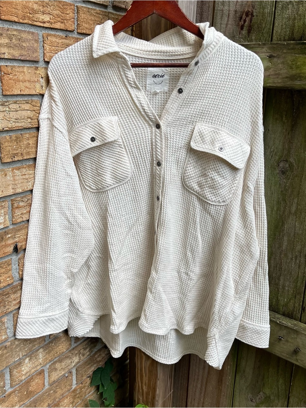 Aerie Oversized LumberJane Cream Waffle-Knit Button-Front Shirt Jacket